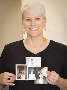 Lisa Duncan, an LPN with Penn State Health, holds several vintage photographs of her mother and aunts in their nursing uniforms.