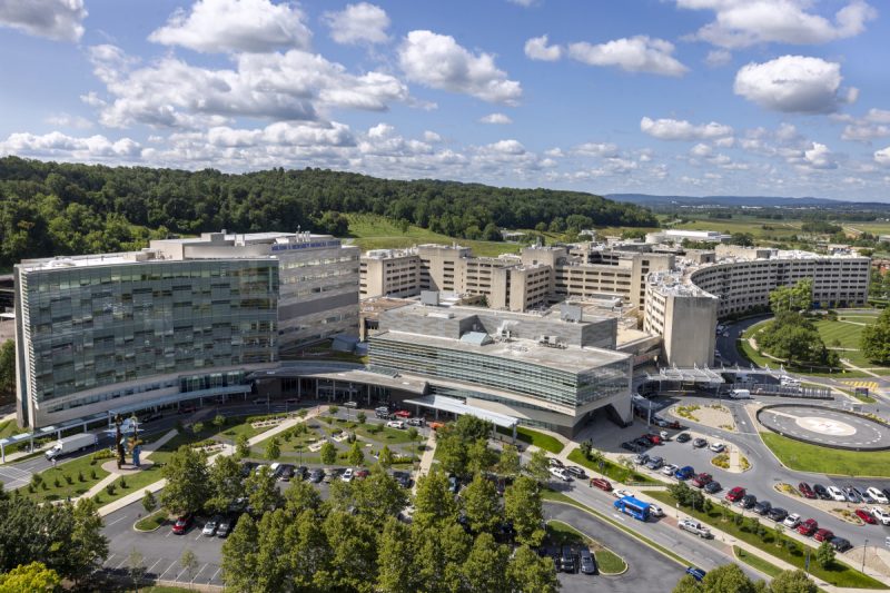 Aerial view of Penn State Health Milton S. Hershey Medical Center on a sunny day.