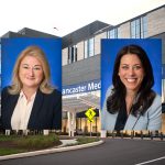 Photos of Angela Sonon and Valerie Ritter are superimposed over an external photo of Penn State Health Lancaster Medical Center.