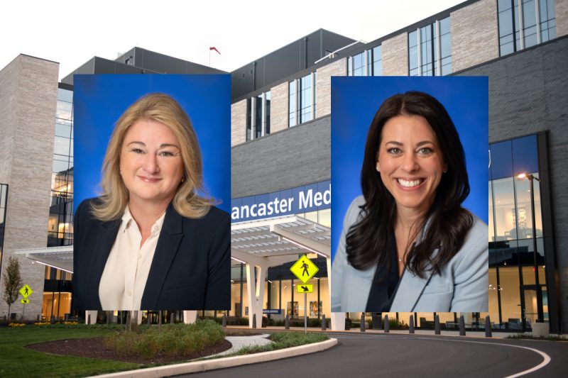 Photos of Angela Sonon and Valerie Ritter are superimposed over an external photo of Penn State Health Lancaster Medical Center.