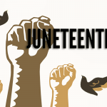 Illustrated fists, doves with the word "Juneteenth."