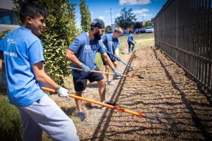 A group of Penn State College of Medicine students rake soil in a flower bed at the Hershey Community Gardens.