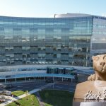 A statue of the Penn State Nittany Lion with the words "thank you" placed in front of it, is superimposed over an exterior image of Penn State Health Children's Hospital.