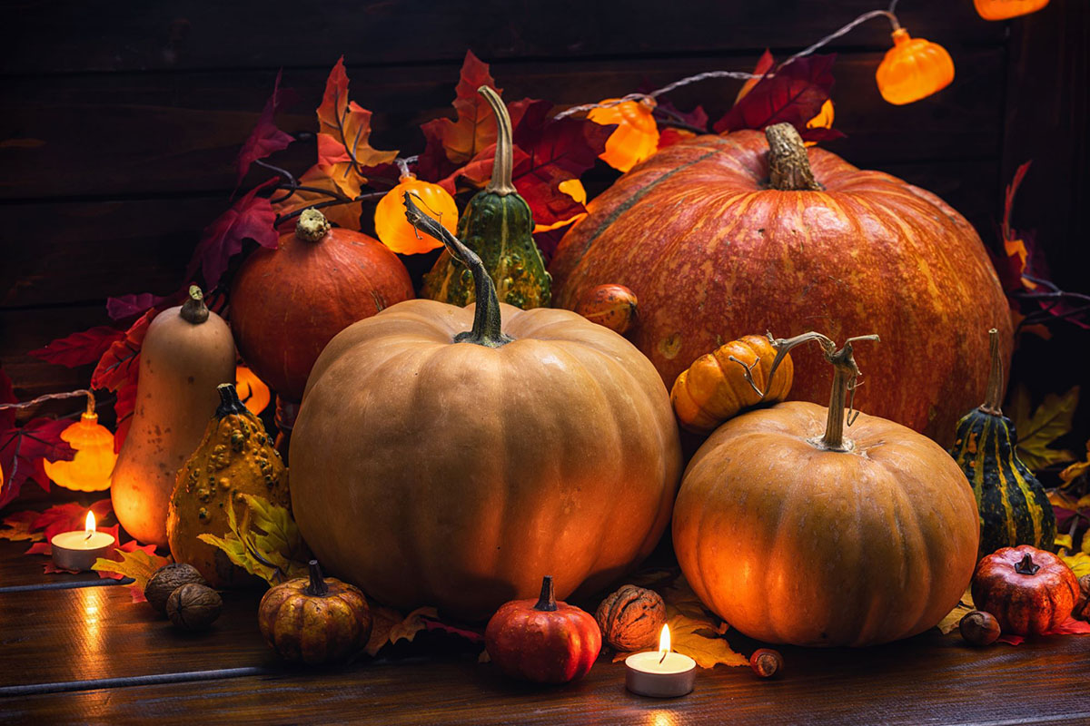 Pumpkins of different colors, sizes, and shapes and fall leaves setting on a wood surface.