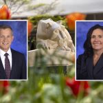 Professional headshot photos of Kyle Snyder and Tracy Moyer are placed over the image of a Penn State Nittany Lion statue that’s in a garden setting.