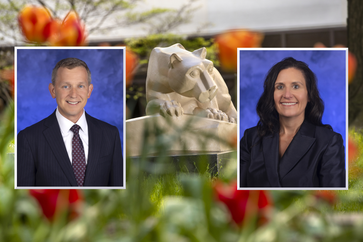Professional headshot photos of Kyle Snyder and Tracy Moyer are placed over the image of a Penn State Nittany Lion statue that’s in a garden setting.