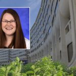 A head and shoulders professional portrait of Larissa Whitney against a background image of Penn State College of Medicine.