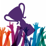 Illustration of multicolored arms and hands holding up a trophy.