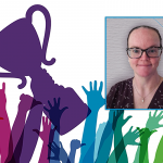 Portrait of Jamie Jones wearing glasses, smiling. Portrait is overlaid on an illustration of multicolored arms and hands holding up a trophy.