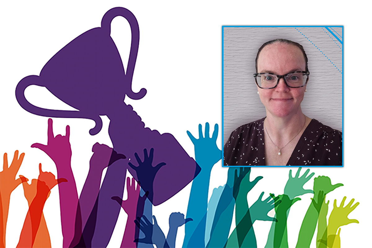 Portrait of Jamie Jones wearing glasses, smiling. Portrait is overlaid on an illustration of multicolored arms and hands holding up a trophy.