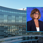 A photo of Tammy Derk wearing professional attire is placed over an image of Penn State Health Golisano Children's Hospital.