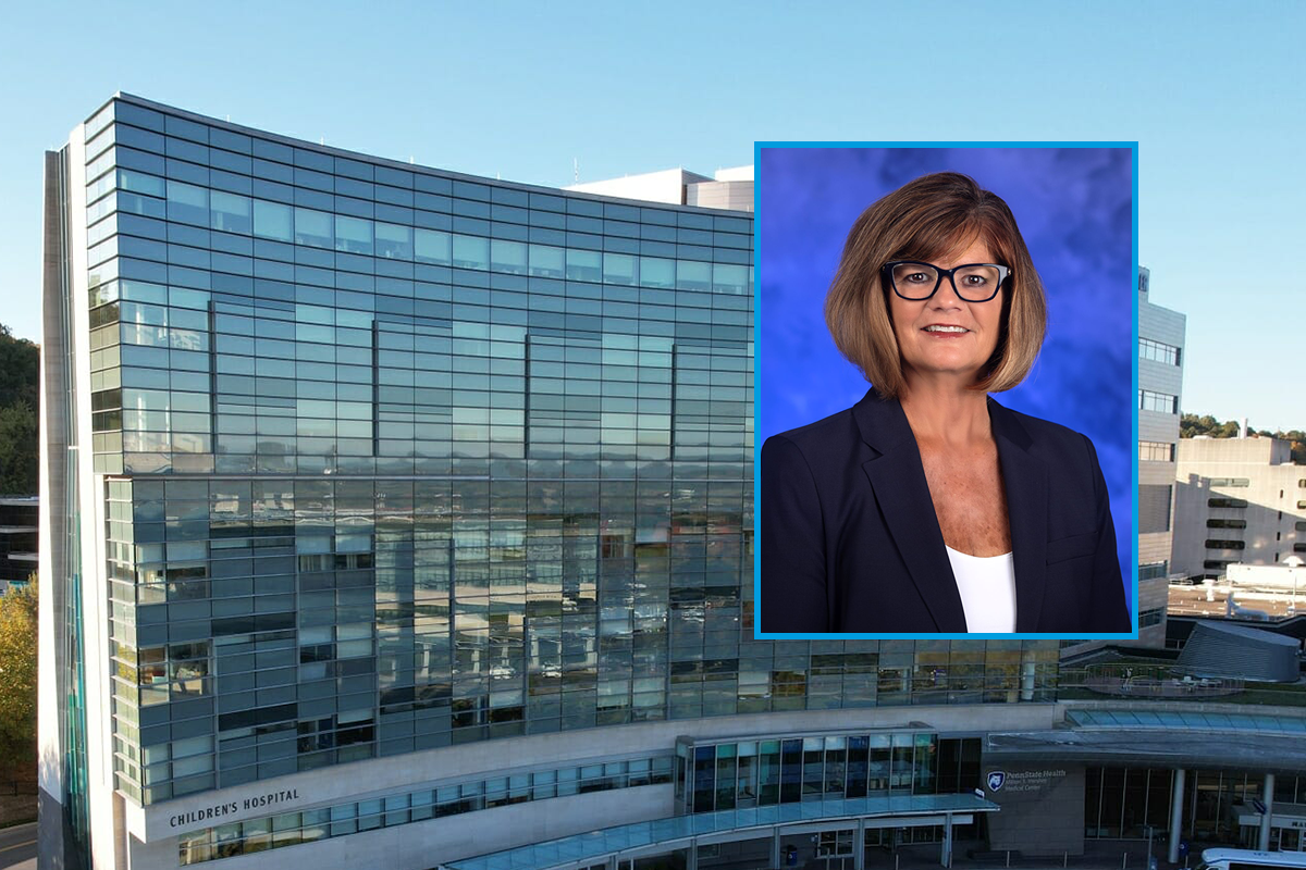 A photo of Tammy Derk wearing professional attire is placed over an image of Penn State Health Golisano Children's Hospital.