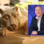 A photo of Dennis Sutterfield wearing professional attire is placed over an image of the Penn State Nittany Lion statue.