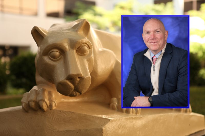 A photo of Dennis Sutterfield wearing professional attire is placed over an image of the Penn State Nittany Lion statue.