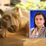 A professional headshot of Mumtaz Darbar is placed over an image of a Penn State Nittany Lion statue.