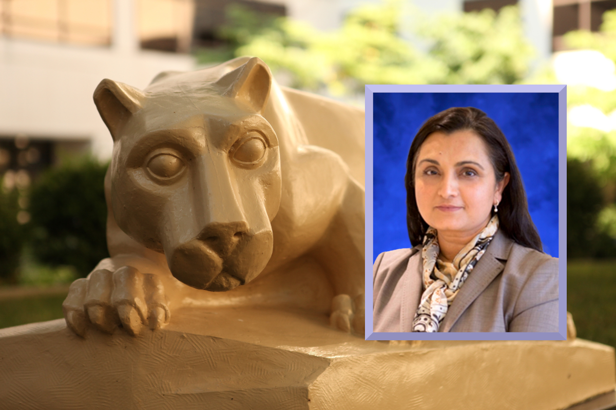 A professional headshot of Mumtaz Darbar is placed over an image of a Penn State Nittany Lion statue.