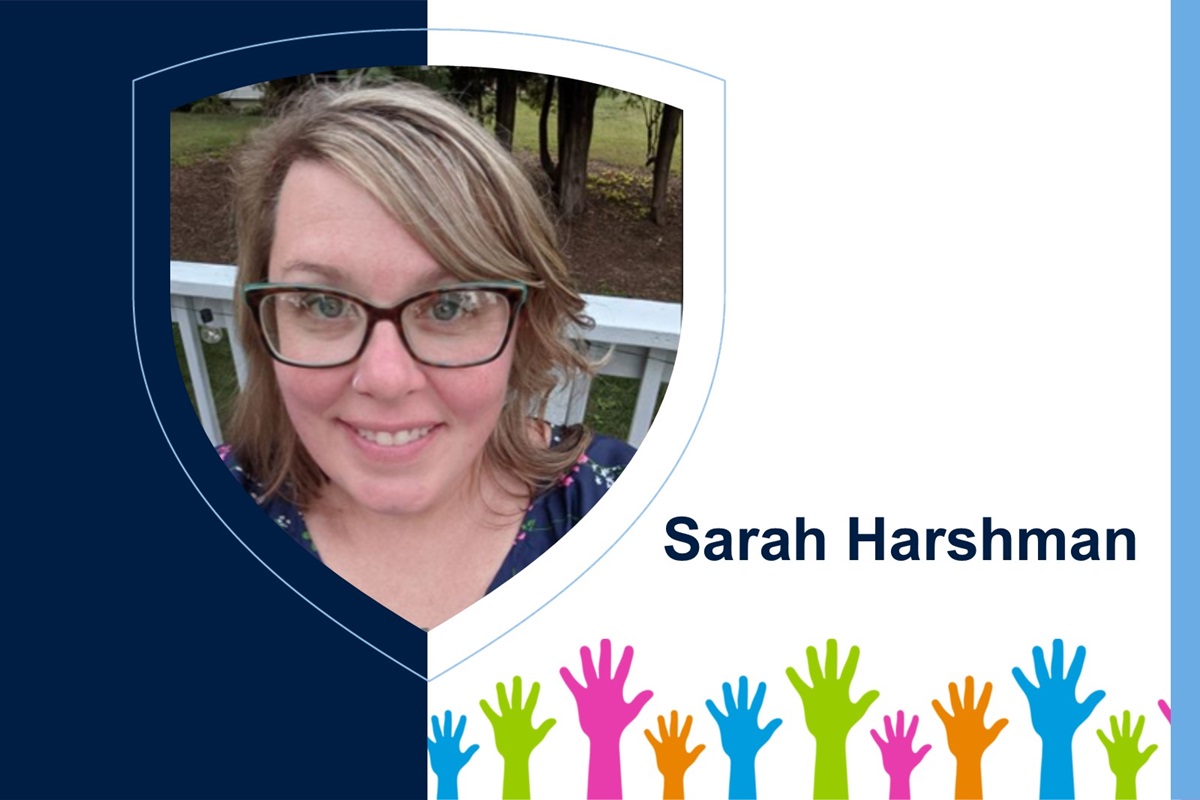 Sarah Harshman headshot is in shield graphic with her name on the right. A graphic of multicolored hands is at the bottom.