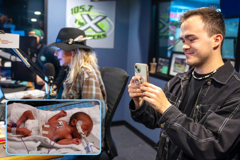 Side-by-side images show Sam Erikson as a premature infant receiving care in the NICU at Penn State Health Golisano Children’s Hospital and, years later, as an adult recording a video on his phone during the People’s Pay 4 Play event at a radio station studio.