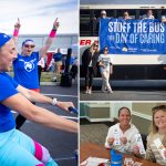 Photo collage of United Way Trike Race, Stuff the Bus event and two women making bookmarks.