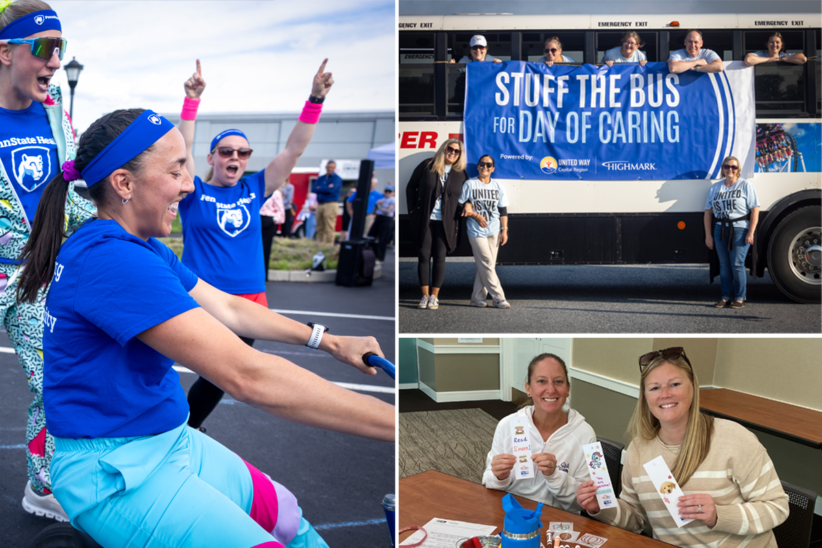 Photo collage of United Way Trike Race, Stuff the Bus event and two women making bookmarks.