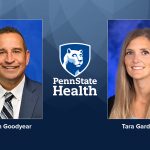 Side-by-side professional headshots of John Goodyear (left) and Tara Gardner (right) against blue backgrounds, with the Penn State Health logo centered between them.