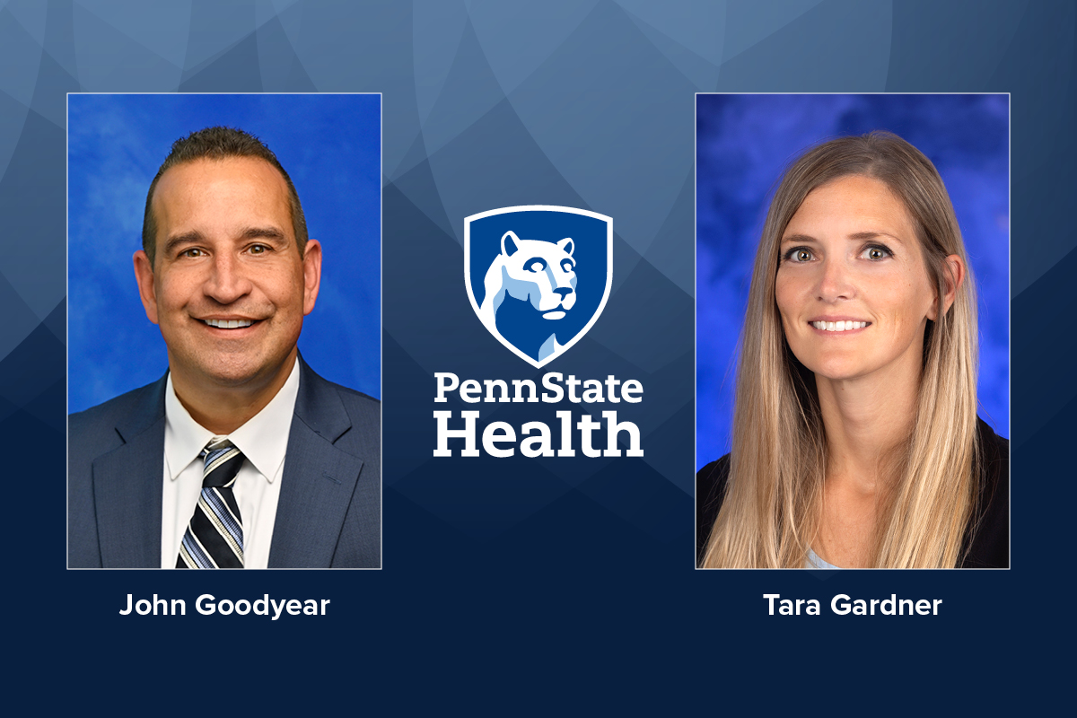 Side-by-side professional headshots of John Goodyear (left) and Tara Gardner (right) against blue backgrounds, with the Penn State Health logo centered between them.