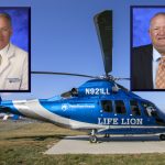 Professional headshots of Dr. Chadd Nesbit and Keith McMinn are superimposed over a photo of a Penn State Health Life Lion helicopter.