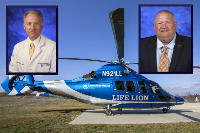 Professional headshots of Dr. Chadd Nesbit and Keith McMinn are superimposed over a photo of a Penn State Health Life Lion helicopter.