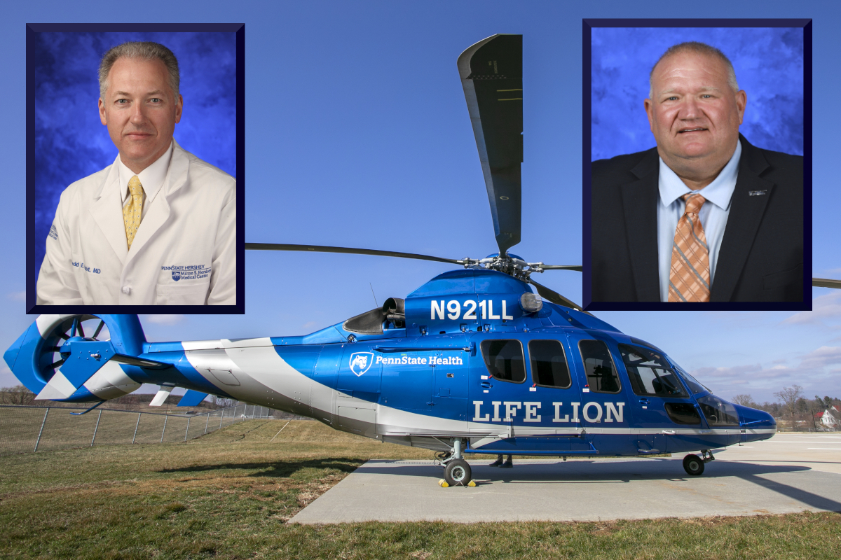 Professional headshots of Dr. Chadd Nesbit and Keith McMinn are superimposed over a photo of a Penn State Health Life Lion helicopter.