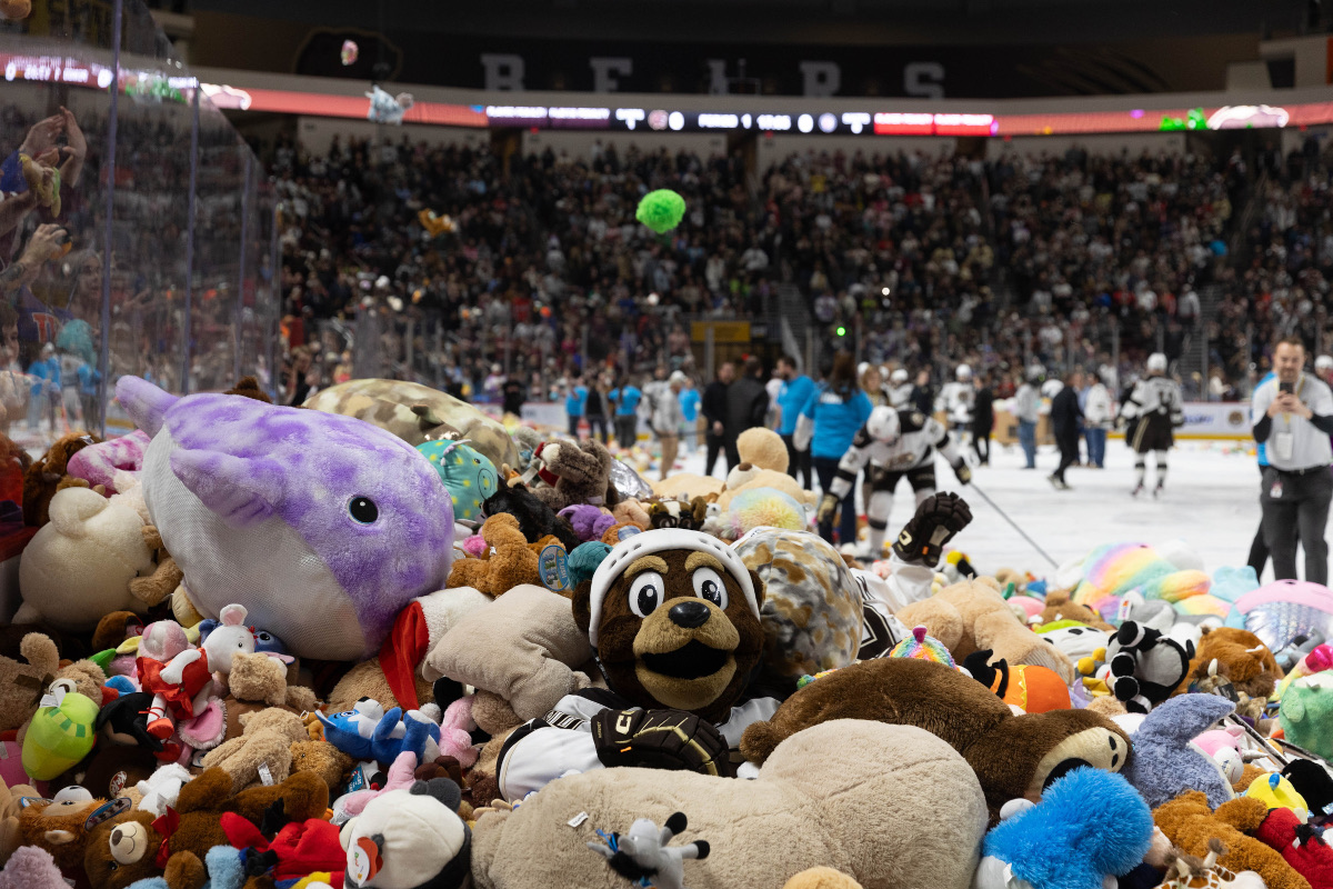 Hundreds of stuffed animals cover the ice during a hockey arena’s teddy bear toss, with players and staff on the rink and a packed crowd watching in the stands.