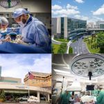 Four-image collage showing hospital care and facilities: top left, surgeons in masks and surgical gowns performing a procedure in an operating room; top right, an aerial view of Penn State Health Milton S. Hershey Medical Center with glass buildings and landscaped grounds; bottom left, the main entrance of Penn State Health Holy Spirit Medical Center with an American flag in front; bottom right, clinicians working around a patient in a brightly lit operating room with advanced surgical equipment.