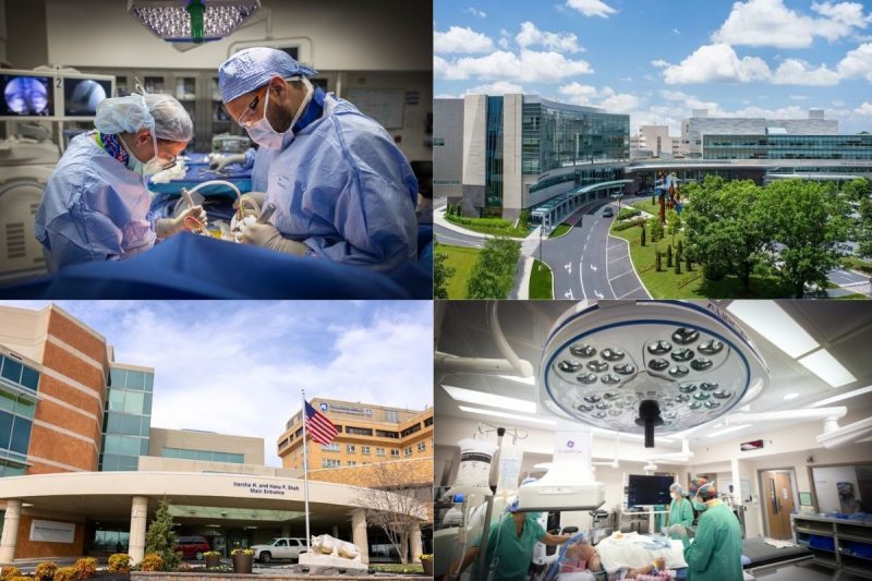 Four-image collage showing hospital care and facilities: top left, surgeons in masks and surgical gowns performing a procedure in an operating room; top right, an aerial view of Penn State Health Milton S. Hershey Medical Center with glass buildings and landscaped grounds; bottom left, the main entrance of Penn State Health Holy Spirit Medical Center with an American flag in front; bottom right, clinicians working around a patient in a brightly lit operating room with advanced surgical equipment.
