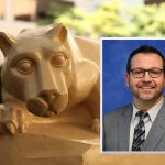 A professional headshot of Joseph Wysock, wearing a suit and tie, is superimposed over an image of a Penn State Nittany Lion statue.