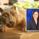 A nittany lion statue rests with its paws over a stone ledge on a college campus, with greenery and buildings blurred in the background. An inset headshot in the corner shows a woman with shoulder-length brown hair wearing a dark blazer and smiling against a blue backdrop.