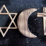 Christianity, Islam and Judaism symbols, three monotheistic religions, Jewish Star of David, Christian Cross and Muslim Crescent.
