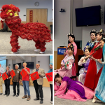 Top left: Two people dressed in a Chinese celebratory dragon costume. Bottom Left: People lined up side-by-side, holding square cloths with Chinese characters on them. Right: Several women wearing dresses and ornamentation on their heads, posing.