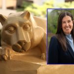 A headshot of Dara Royer wearing professional attire is placed over top a larger image of a Penn State Nittany Lion statue.