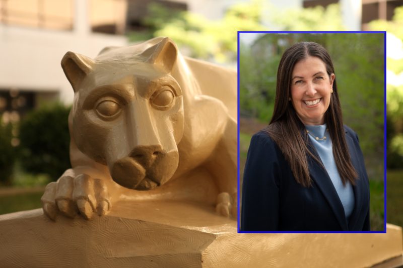 A headshot of Dara Royer wearing professional attire is placed over top a larger image of a Penn State Nittany Lion statue.
