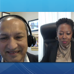 Hector Ortiz conducts a podcast with Mona Miliner of Milton S. Hershey Medical Center about the importance of integrating patient safety and inclusivity in health care. On the left, Hector Ortiz looks into his computer monitor. He is wearing headphones. Mona Miliner is shown on the right and is seated in her office while speaking on the podcast.