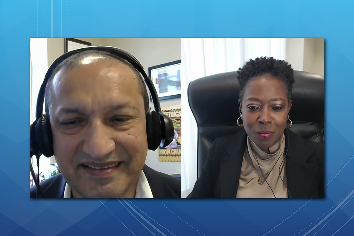 Hector Ortiz conducts a podcast with Mona Miliner of Milton S. Hershey Medical Center about the importance of integrating patient safety and inclusivity in health care. On the left, Hector Ortiz looks into his computer monitor. He is wearing headphones. Mona Miliner is shown on the right and is seated in her office while speaking on the podcast.