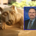 A professional headshot of Bradley Stevens is placed over a photo of a Penn State Nittany Lion statue in an outdoor courtyard.