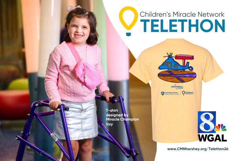 A photo of a young girl holding onto a walker and smiling is positioned next to a graphic that contains the Children’s Miracle Network Telethon logo, WGAL-TV8 logo and a photo of a T-shirt that the girl designed.