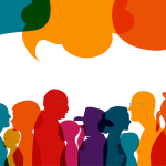 Illustrated silhouettes of people of all types and sizes with speech bubbles above their heads.