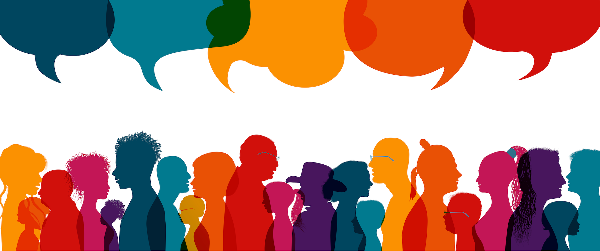 Illustrated silhouettes of people of all types and sizes with speech bubbles above their heads.