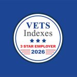 A circular badge reading "VETS Indexes, 3 Star Employer, 2026" is placed on a solid background.