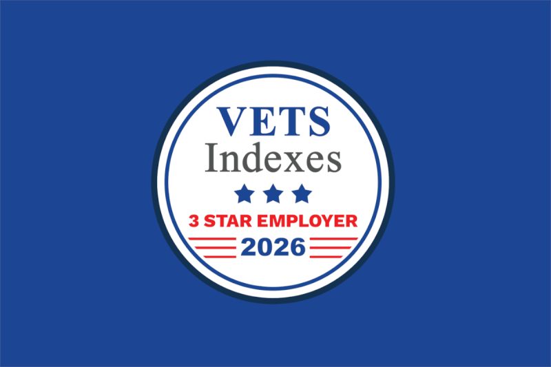 A circular badge reading "VETS Indexes, 3 Star Employer, 2026" is placed on a solid background.