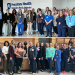 Two photos stacked vertically. On top, a photo of a large group of people at the Hampden Medical Center lobby. On the bottom, a photo of a large group of people at the Holy Spirit Medical Center lobby.