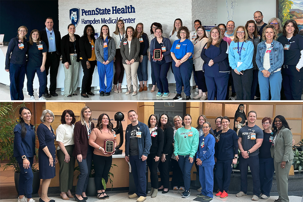 Two photos stacked vertically. On top, a photo of a large group of people at the Hampden Medical Center lobby. On the bottom, a photo of a large group of people at the Holy Spirit Medical Center lobby.