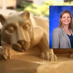 A close-up photo of a nittany lion statue resting on a stone base outdoors, with a professional portrait of a smiling woman in a gray blazer overlaid in the upper-right corner against a blue studio background.