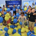 Children and event hosts celebrate during a Children’s Miracle Network fundraising reveal, tossing blue and yellow balloons into the air in front of a large display showing the total raised. The room is filled with smiling children, balloons, and pom-poms as participants cheer during the announcement.
